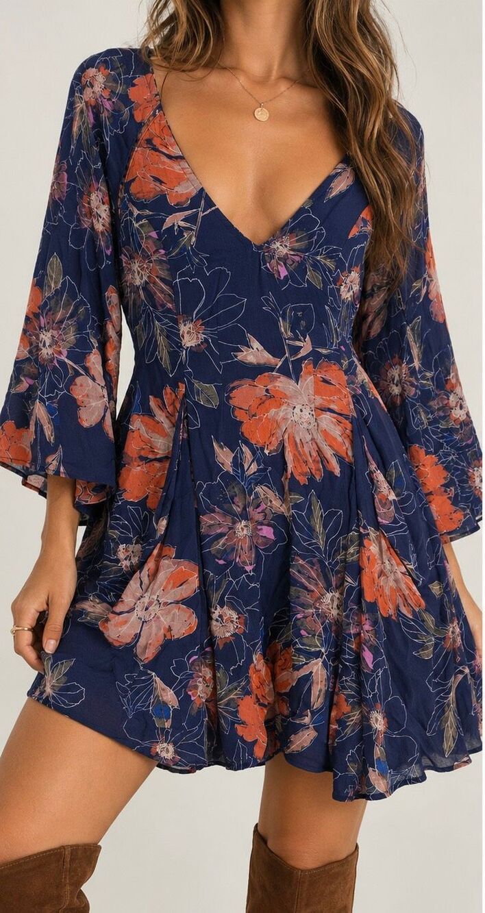 Free People Floral Boho Mini Dress Size 2 Navy Bell Sleeve Cutout Back